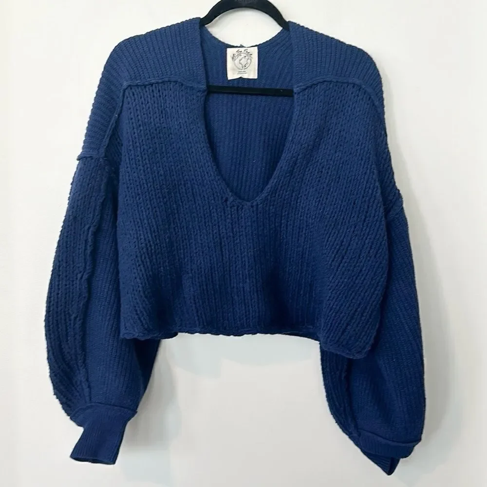 Free People Vanguard Blue Pullover Chunky Knit Cropped Sweater L - Picture 3 of 9